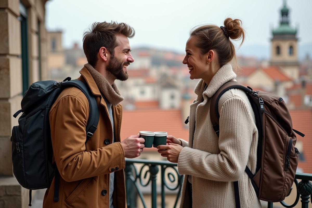 Jeune couple partageant un café sur un balcon urbain