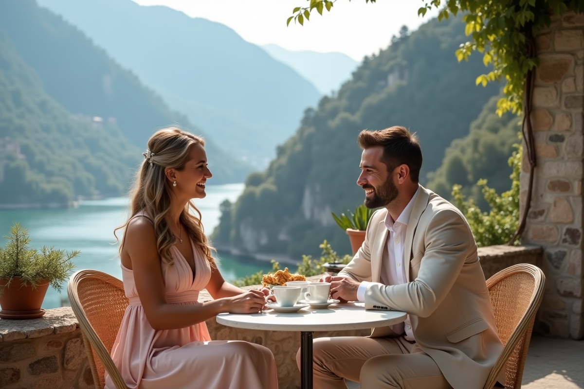 Jeune couple au café avec vue sur la montagne