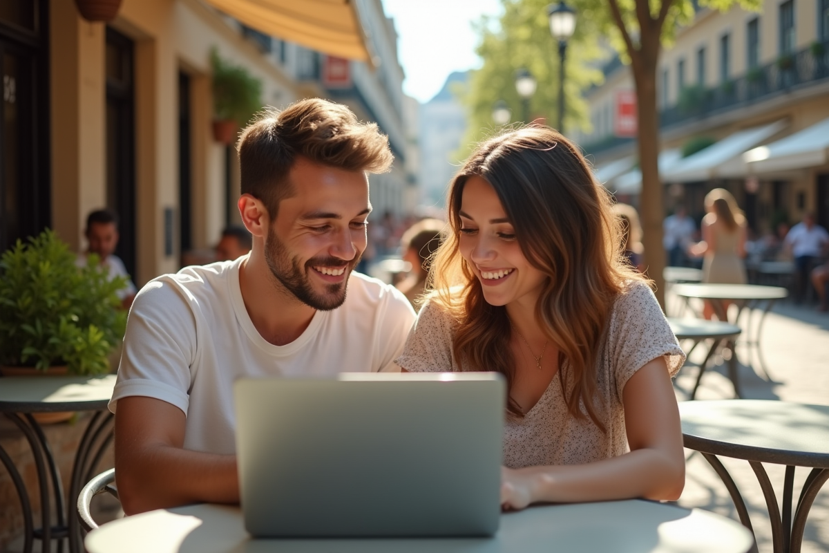 Jeune couple au café regardant un ordinateur pour mariage