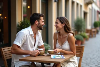 Jeune couple souriant au café dans une rue européenne