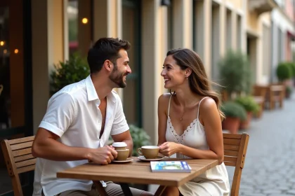 Jeune couple souriant au caf&eacute; dans une rue europ&eacute;enne