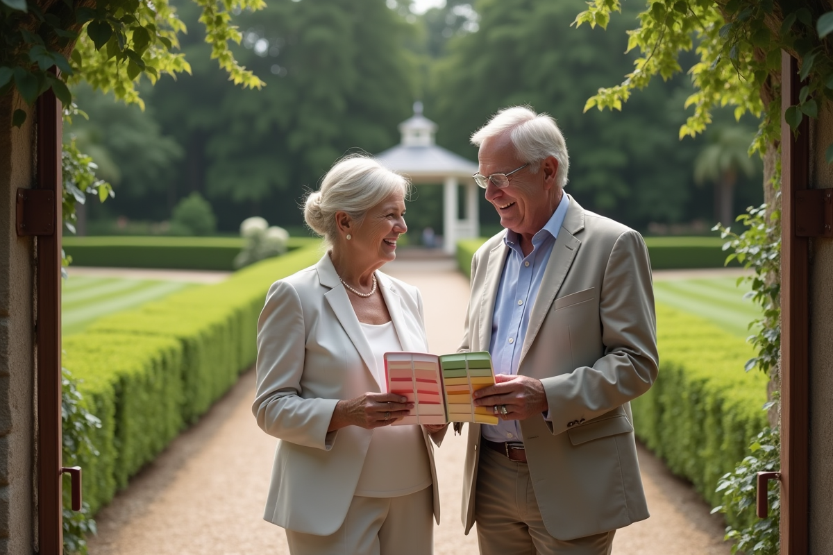 Couple discutant des thèmes de mariage avec échantillons en extérieur