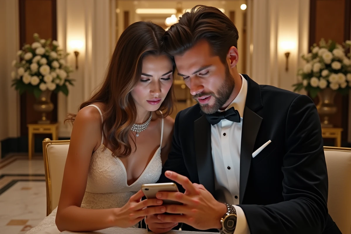 Couple en tenue de mariage comparant deux devis de location de photobooth sur smartphone dans un hall de réception élégant