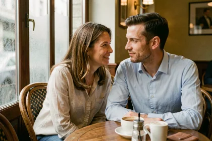 Couple discret partageant un moment complice dans un café parisien, ambiance intime et authentique