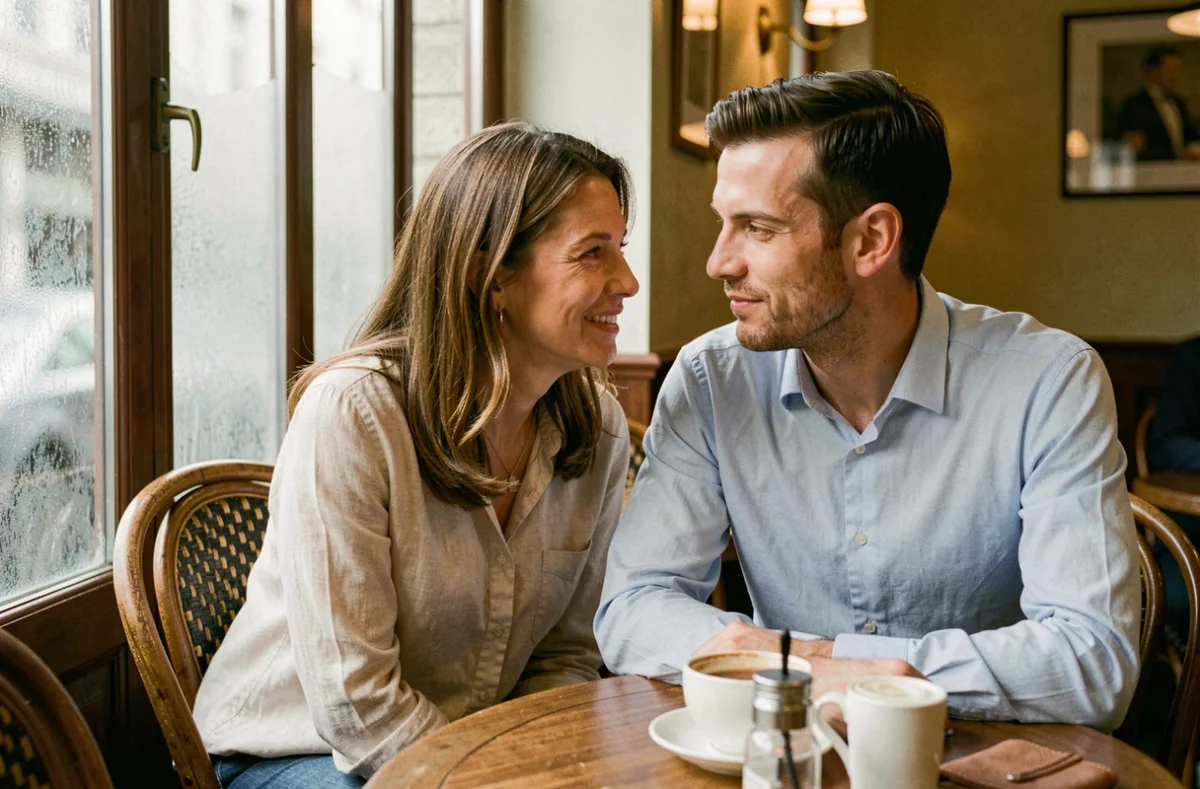 Couple discret partageant un moment complice dans un café parisien, ambiance intime et authentique