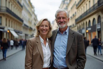Couple élégant dans la cinquantaine marchant sur un boulevard parisien avec des immeubles haussmanniens en arrière-plan