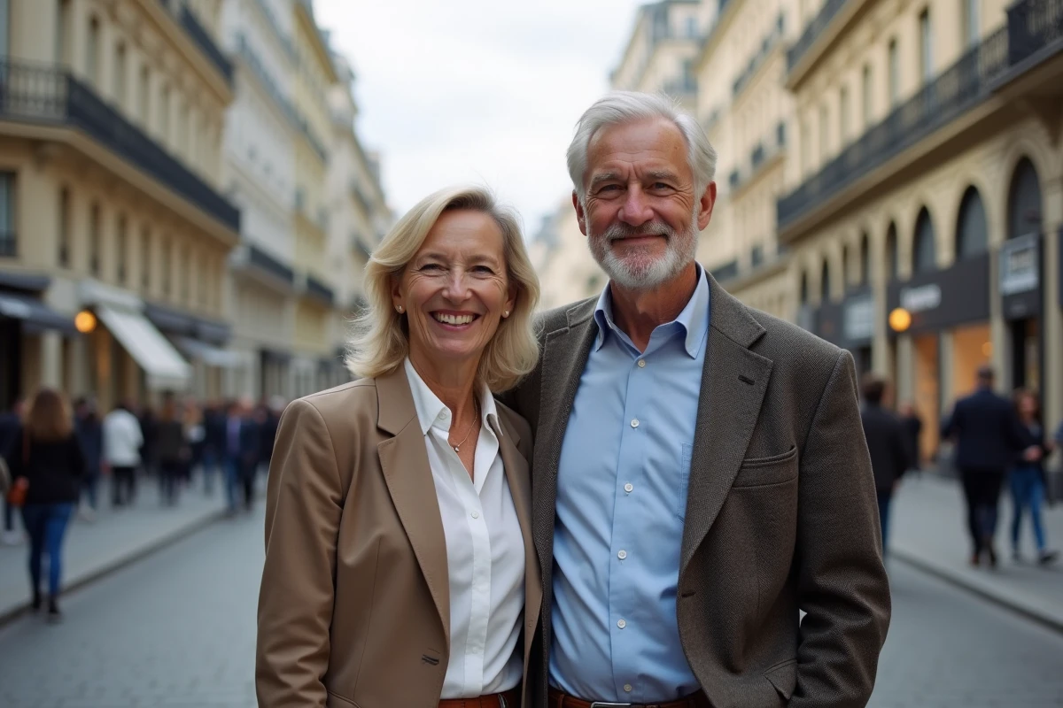 Couple élégant dans la cinquantaine marchant sur un boulevard parisien avec des immeubles haussmanniens en arrière-plan