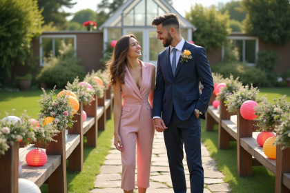 Jeune couple en f&ecirc;te dans un jardin avec lanternes et guirlandes