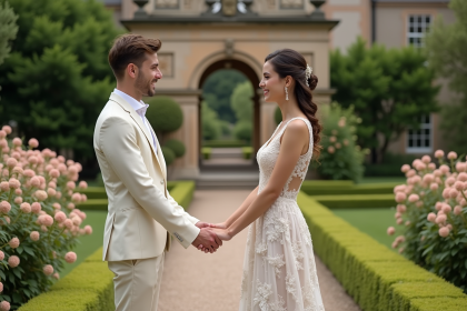 Couple élégant dans un jardin fleuri avec pavillon en pierre