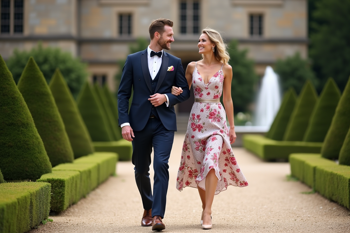 Couple en promenade dans un jardin de château