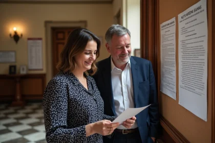 Couple fran&ccedil;ais lisant l'avis de mariage &agrave; la mairie