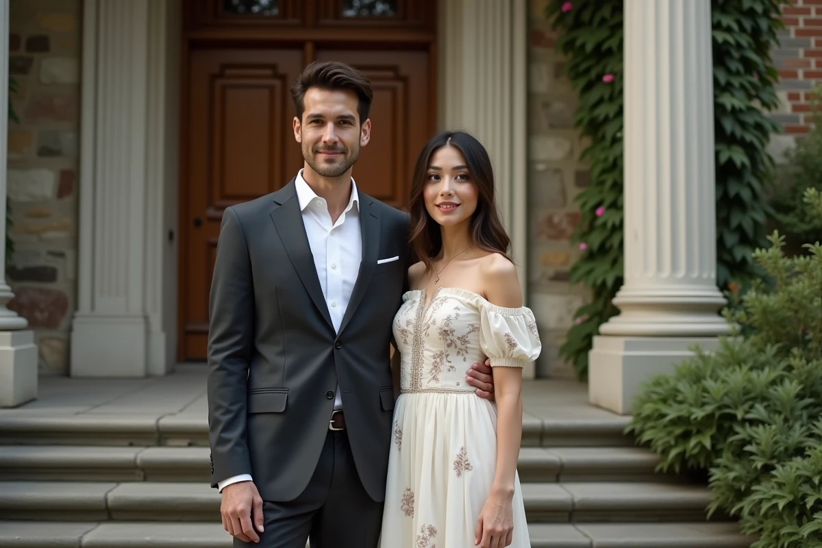 Couple élégant posant devant un bâtiment patrimonial en pierre lors d'une cérémonie de mariage, tenue formelle et atmosphère intime