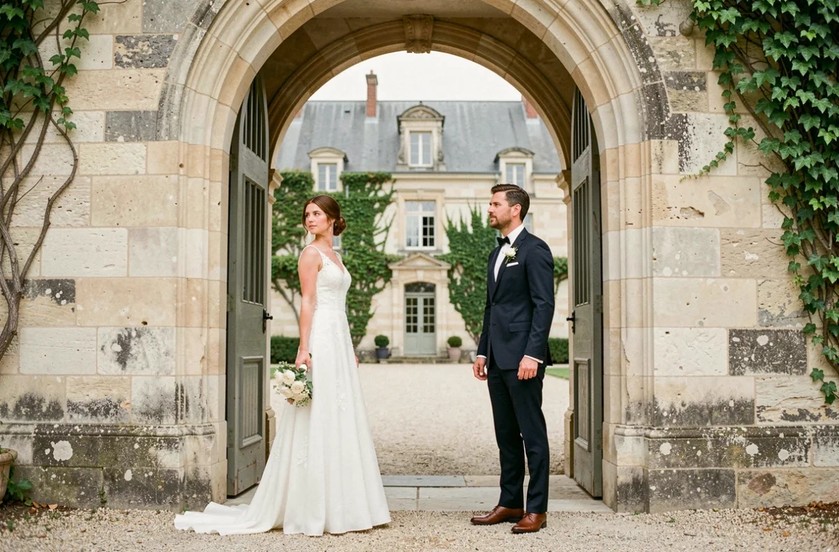Couple en tenue de mariage dans un château français, symbolisant les fantasmes médiatiques autour d'une union célébrité