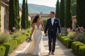 Couple de mariage dans un jardin européen élégant