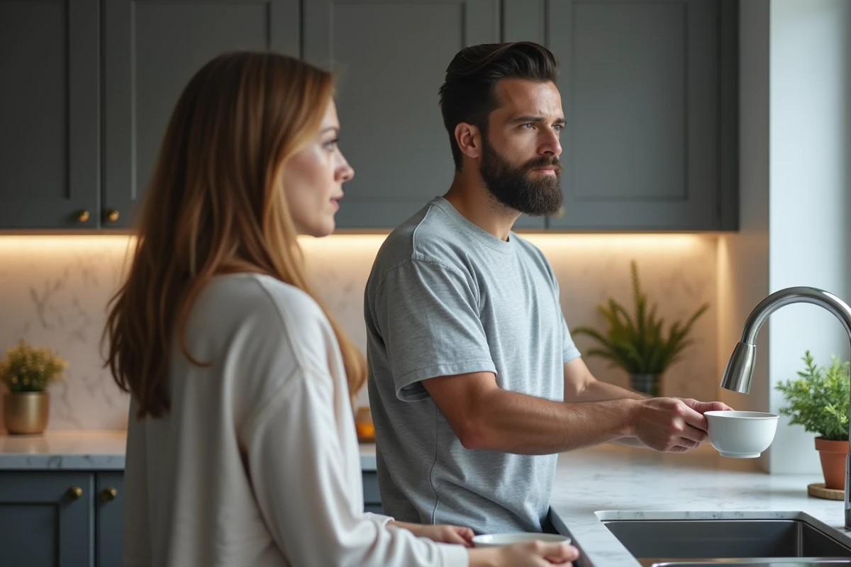 Couple marié dans une cuisine moderne, l'homme distrait et pensif pendant que sa femme lui parle