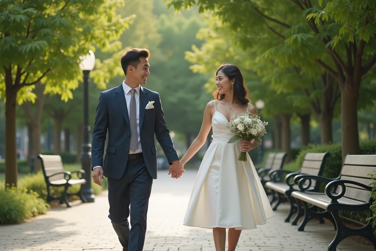 Jeune couple marchant main dans la main dans un parc urbain