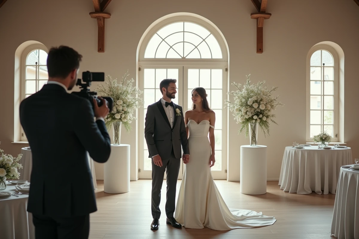 Couple de mariés filmé par un vidéaste dans une salle de cérémonie élégante