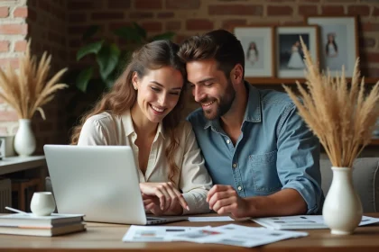 Couple de futurs mariés personnalisant leur cérémonie de mariage sur un outil en ligne depuis leur salon