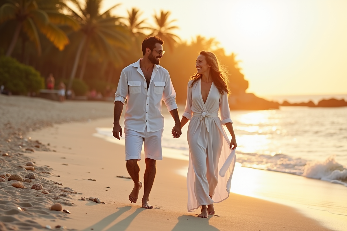 Jeune couple marié marchant sur une plage tropicale