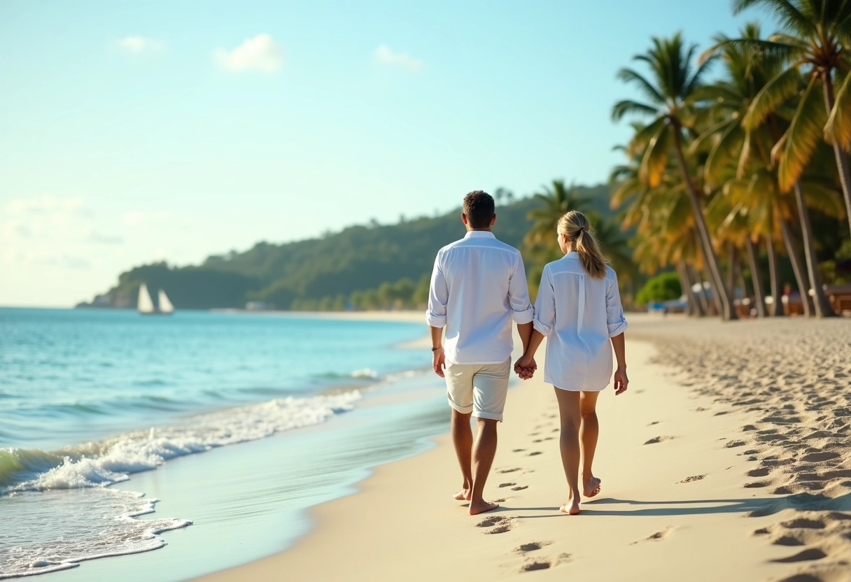 Jeune couple marié marchant sur une plage tropicale