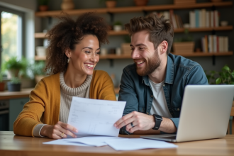 Jeune couple planifiant leur mariage avec documents et ordinateur