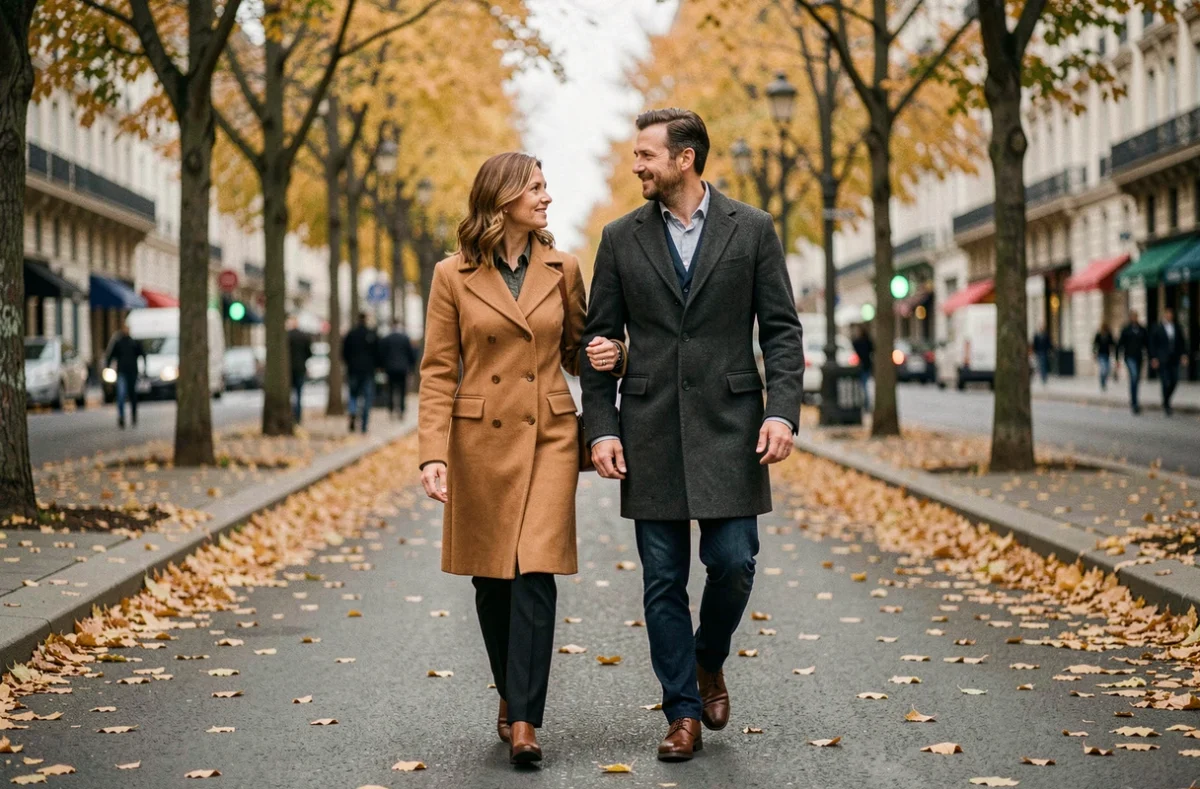 Couple se promenant discrètement sur un boulevard parisien en automne, atmosphère intime et naturelle