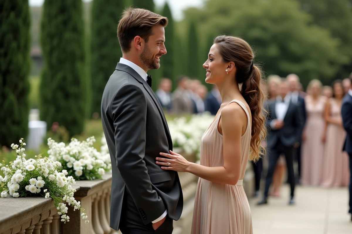 Moment candide d'un couple lors d'une réception de mariage en jardin luxuriant, atmosphère élégante et intimiste en plein air