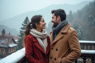 Jeune couple à Mussoorie sur une terrasse hivernale
