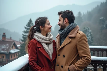 Jeune couple à Mussoorie sur une terrasse hivernale