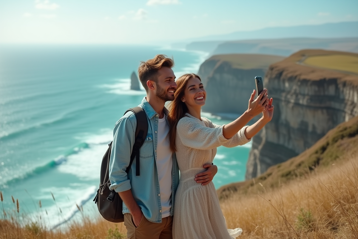 Jeune couple prenant un selfie face à la mer