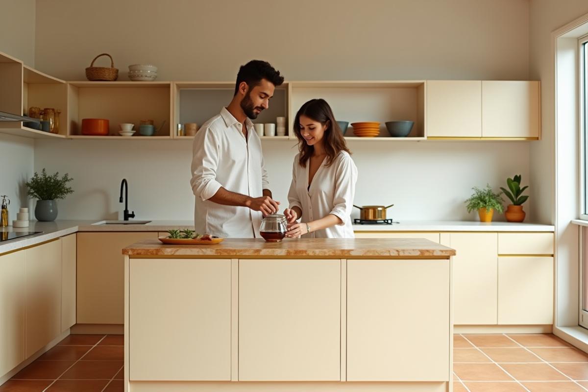 Couple préparant une infusion dans une cuisine minimaliste chaleureuse
