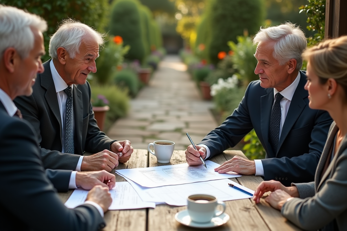 Vieux couple et jeunes fiancés discutant de mariage dans un jardin