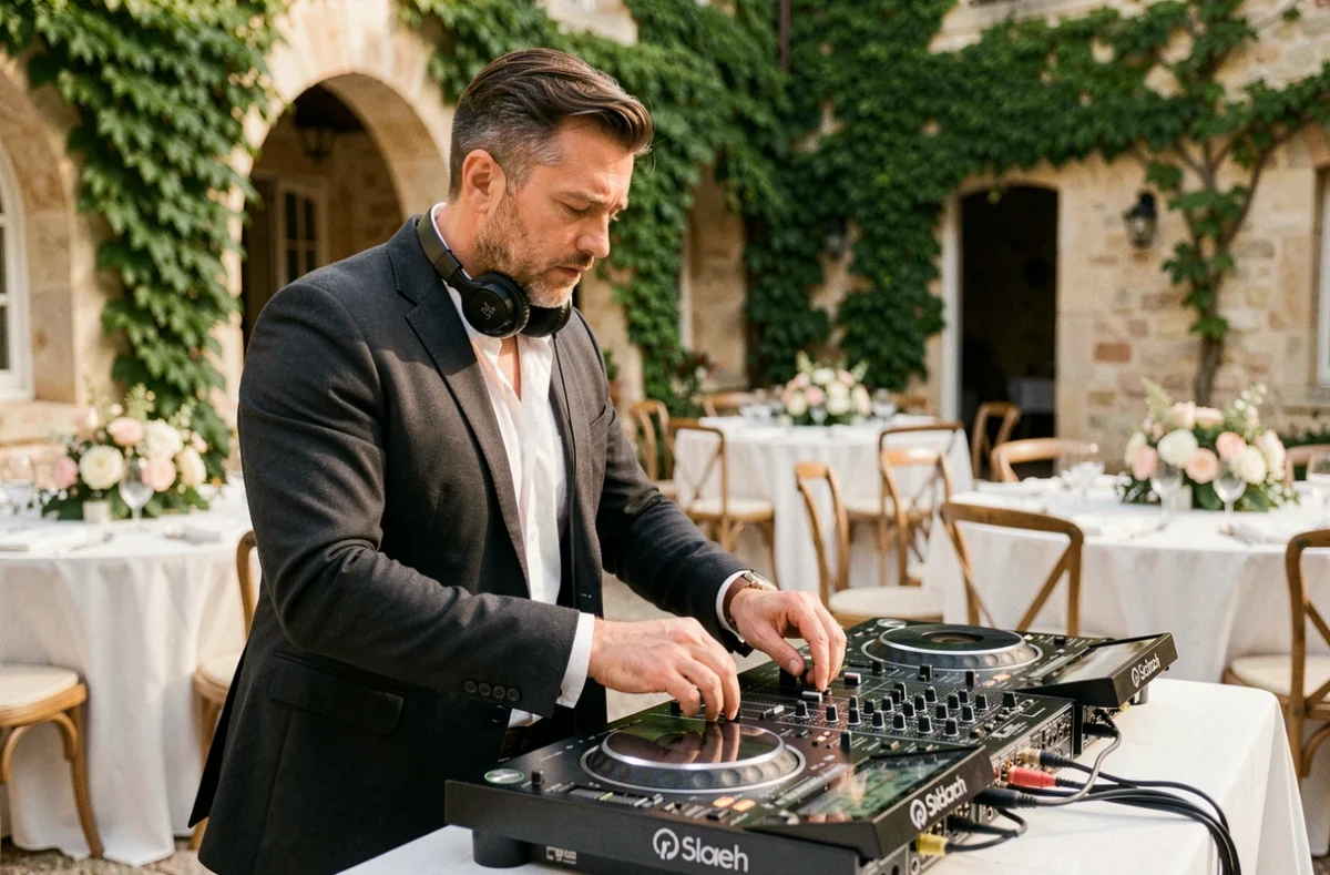 DJ BELANIM derrière sa console lors d'un mariage élégant en Provence