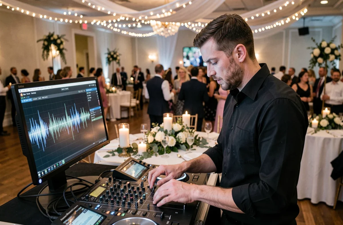 DJ de mariage concentré derrière sa console lors d'une réception, prêt à diffuser la musique d'entrée des mariés