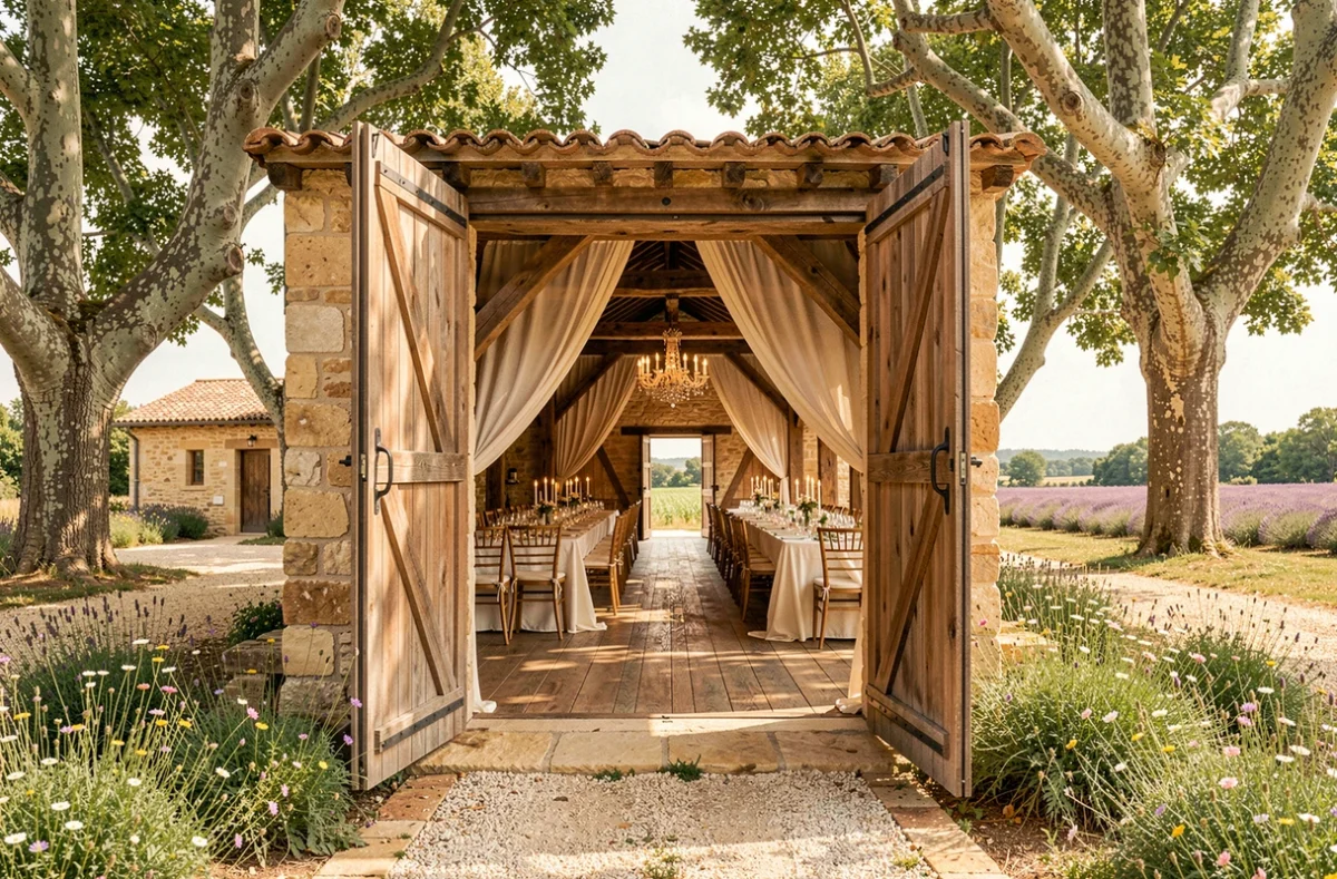Domaine de la Mongestine dans le Var, intérieur de la grange décorée pour un mariage avec poutres apparentes, bougies et tissus crème