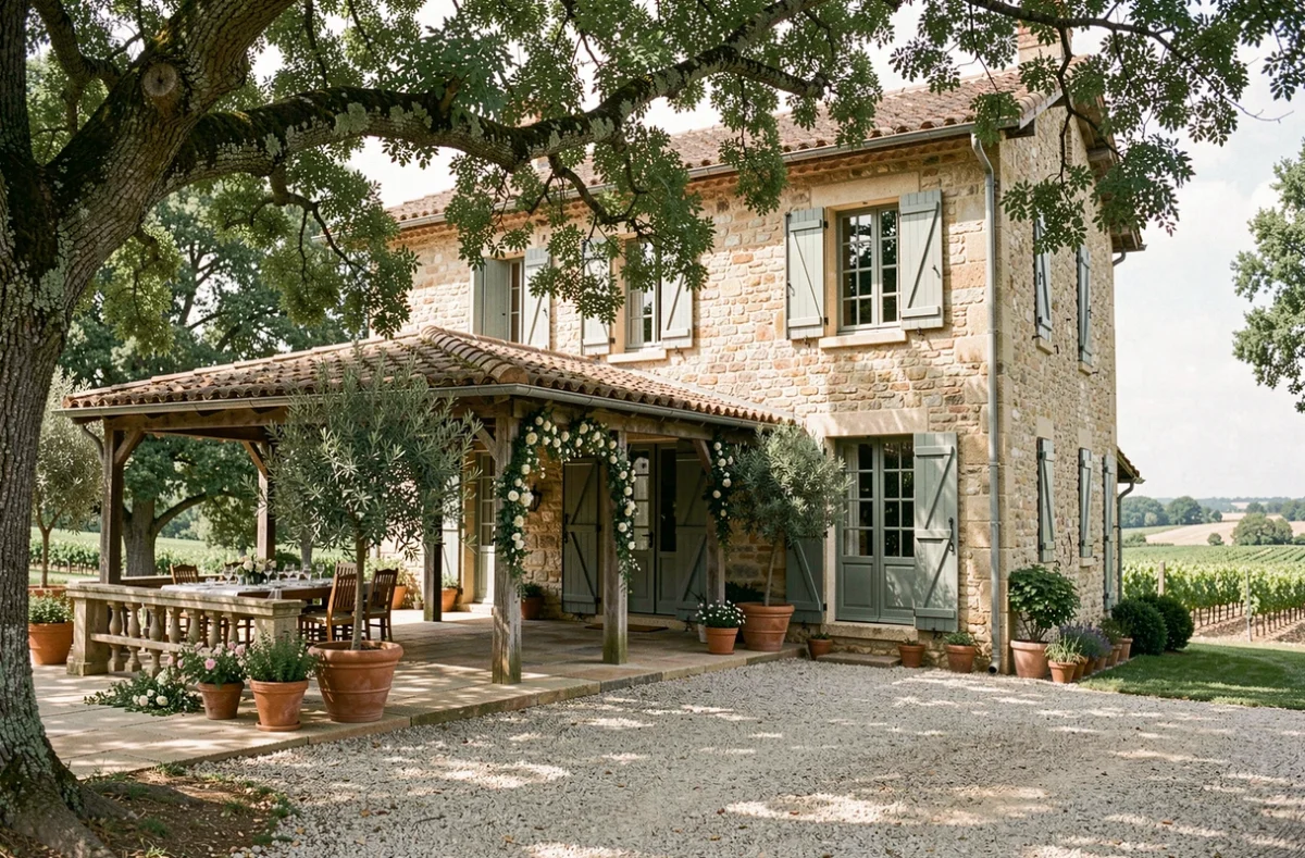 Domaine du Bourrian dans le Var, vue sur la terrasse en pierre ombragée et la façade en pierre rustique pour un mariage champêtre en Provence