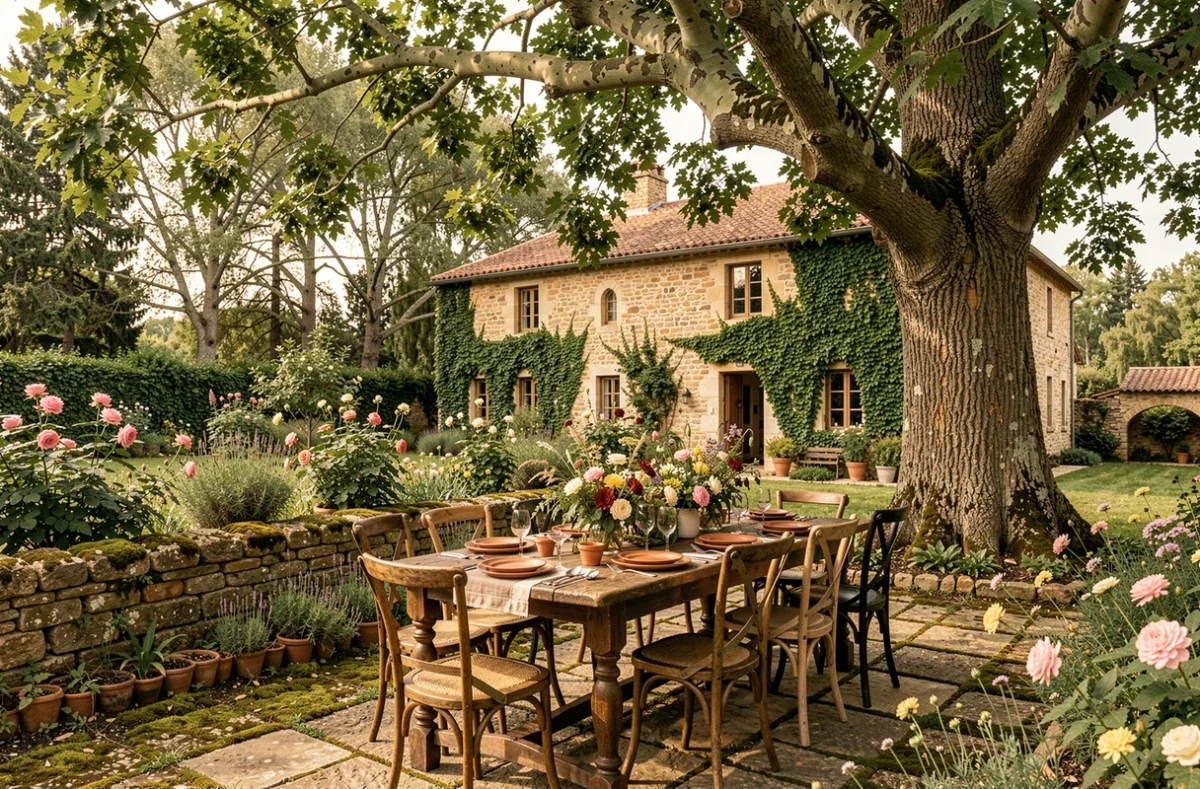 Domaine Le Billardier dans le Var, table de mariage champêtre dressée sous un vieux mûrier dans le jardin en pierre fleuri du domaine provençal
