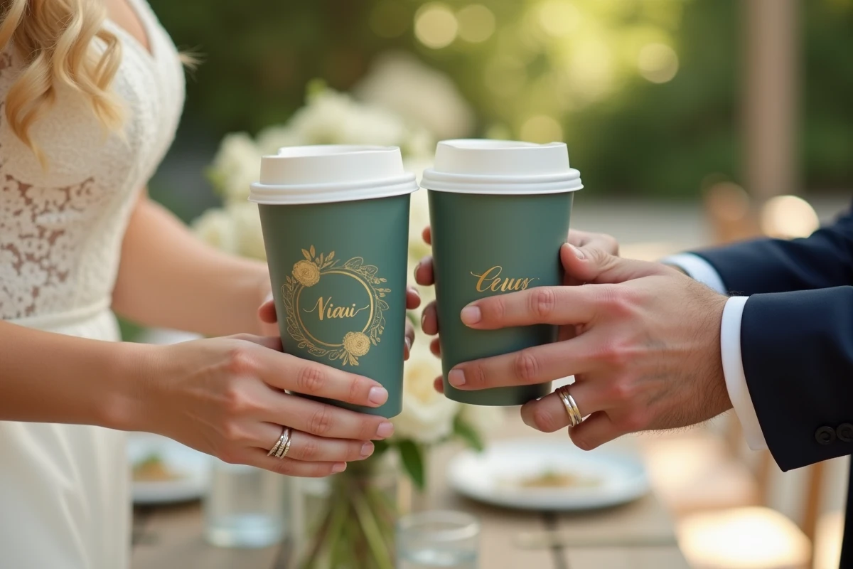 Eco cup personnalisé mariage tenu par les mariés dans un jardin en plein air avec décoration florale