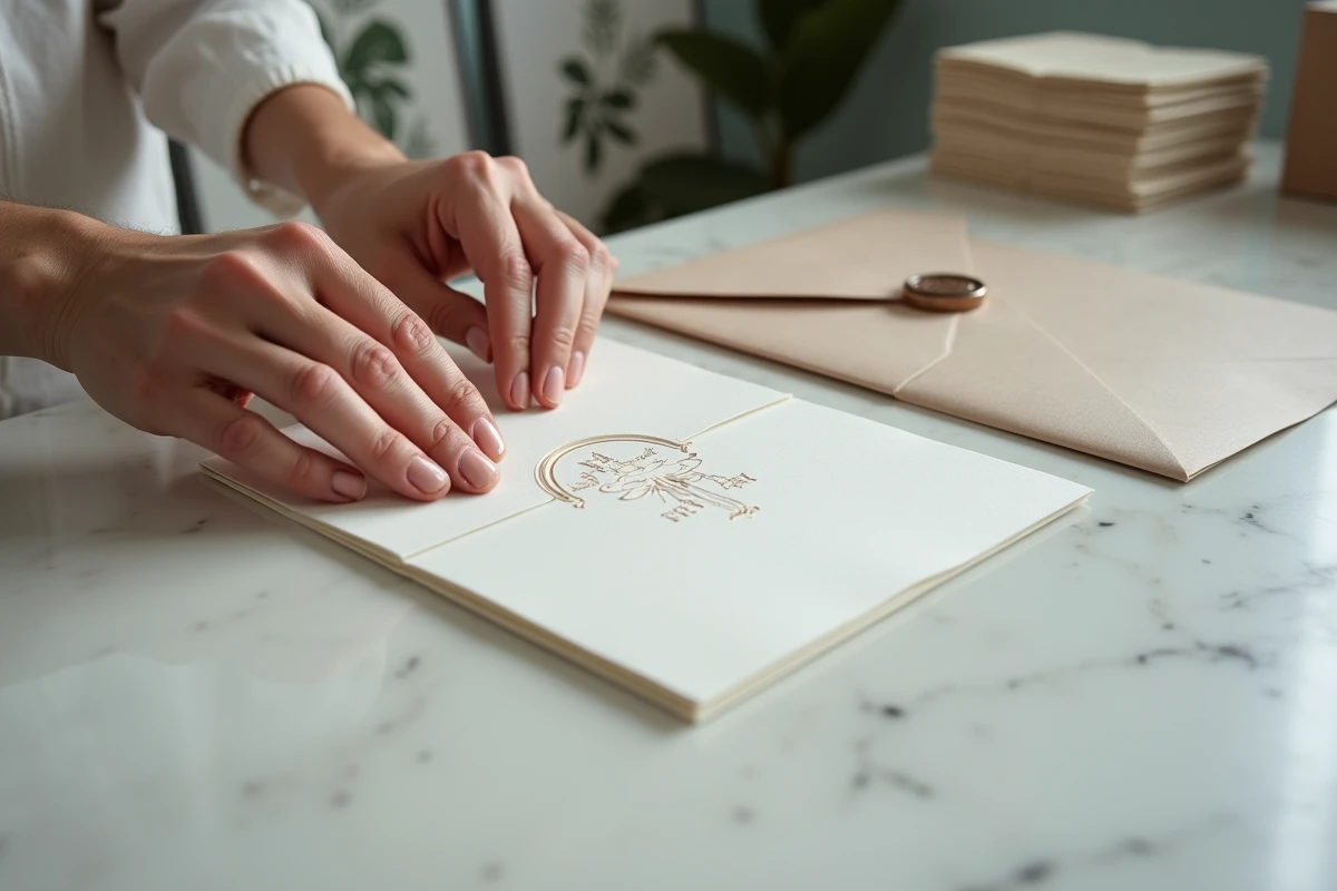 Mains embossant invitation mariage sur marbre