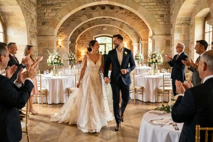 Couple de mariés faisant une entrée spectaculaire et souriante dans une salle de réception élégante lors de leur mariage