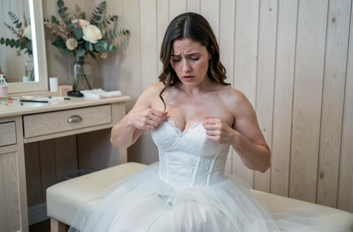 Femme assise en robe de mariée bustier bustier ajustant le corsage dans une cabine d'essayage