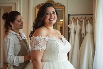 Femme ronde en robe de mariée en dentelle ivoire lors d'un essayage serein avec une couturière dans un atelier de mariage élégant