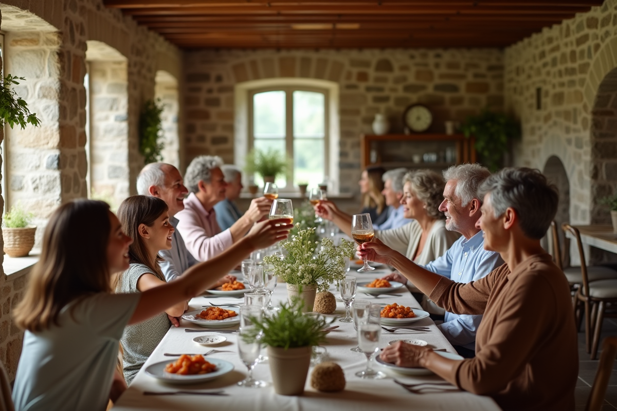 Famille réunie autour d un repas convivial en campagne