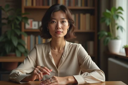 Femme contemplant ses doigts orn&eacute;s de bagues dans un int&eacute;rieur cosy