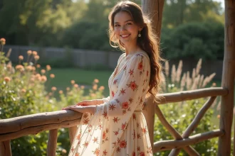 Jeune femme en robe boheme souriante sur un balcon avec jardin