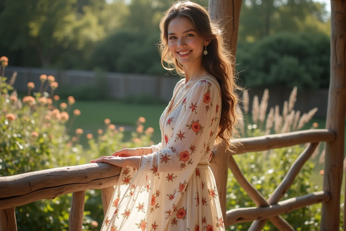 Jeune femme en robe boheme souriante sur un balcon avec jardin