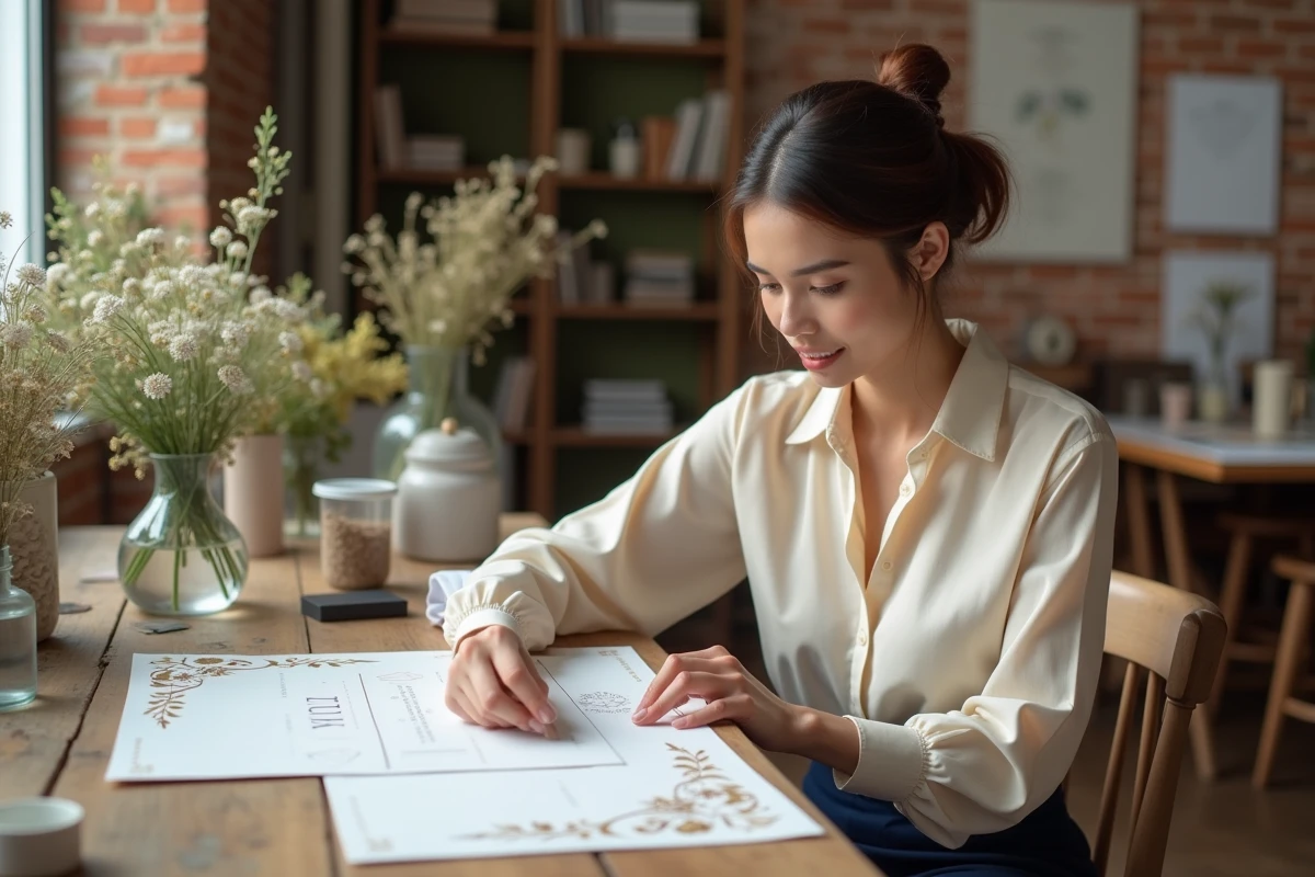 Jeune femme créant invitations mariage élégantes