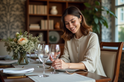 Femme &eacute;l&eacute;gante arrangeant des verres &agrave; vin en cristal