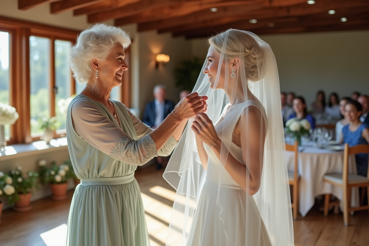 Femme âgée ajustant le voile de la mariée dans la salle