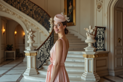Femme élégante en robe pastel devant un château